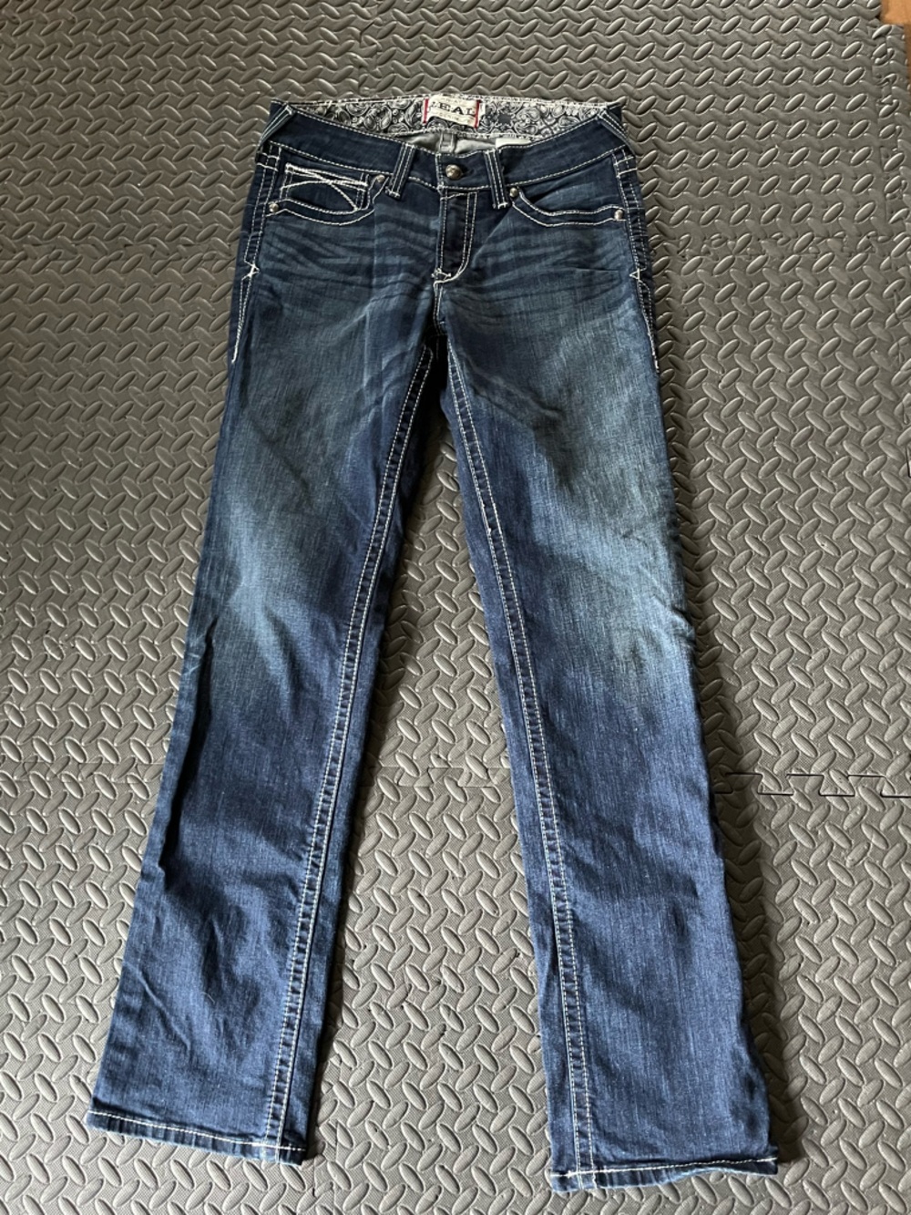 Ariat Real Denim Dark Wash Low Rise Straight Leg Embroidered Jeans Size 30 *LONG